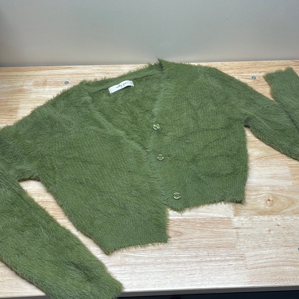 Fuzzy green crop button sweater